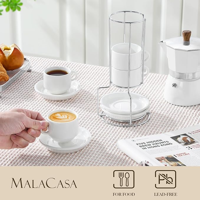 MALACASA Plates and Bowls Sets bundle with 2.5 OZ Porcelain Espresso Cups with Saucers and Metal Stand Set of 4 12 Pieces Modern Porcelain Dinnerware Set for 4