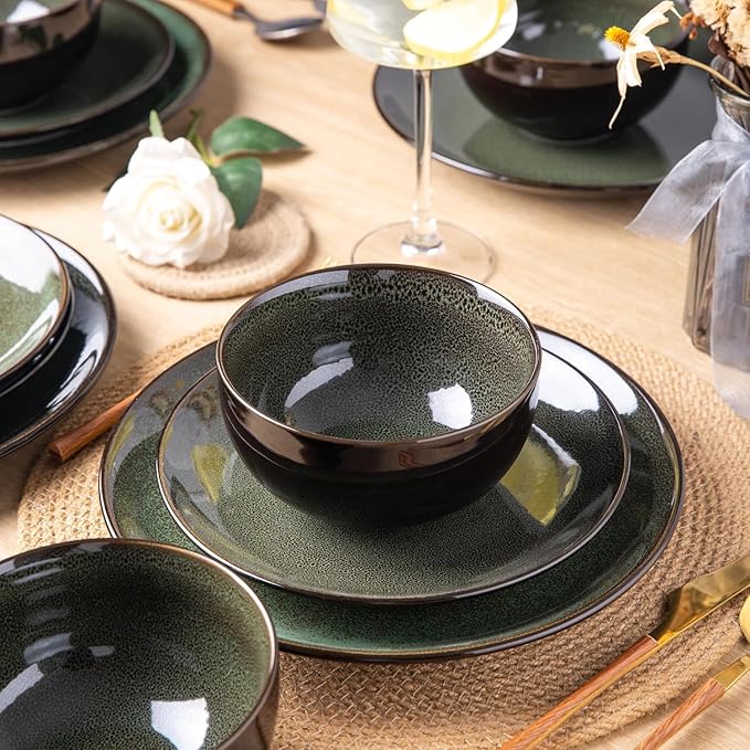 Ceramic Dinnerware Sets of 6Plates and Bowls SetsHandmade Reactive Glaze Dishes SetChip Resistant and Scratch Resistant | Oven&ampDishwasher &amp Microwave SafeService for 6-Green (30PCS)