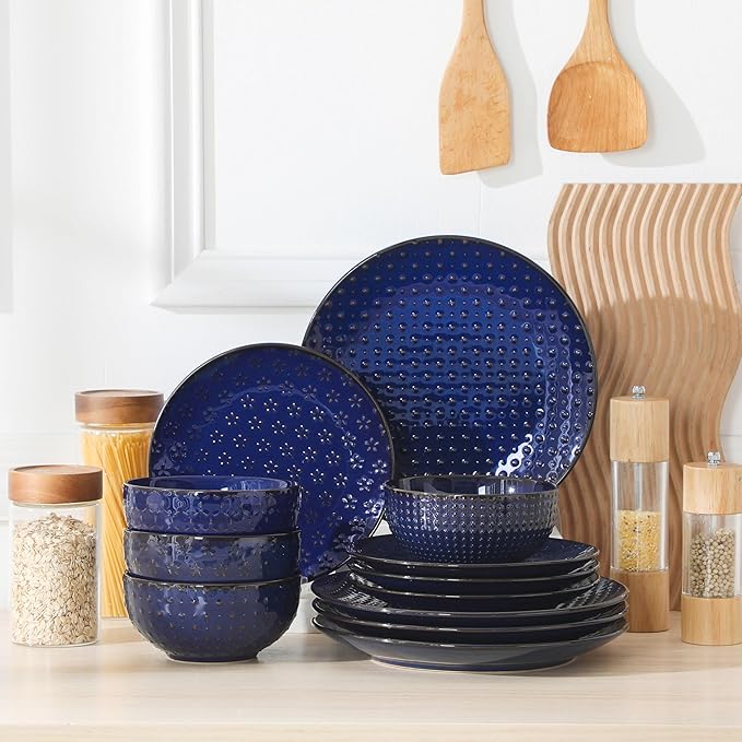 MALACASA 12 Pieces Dinnerware Sets Modern Plates and Bowls Sets Blue Dish Set for 4 Kitchen Ceramic Dinner Plates Dishware Set Microwave and Dishwasher Safe Series LYDIA
