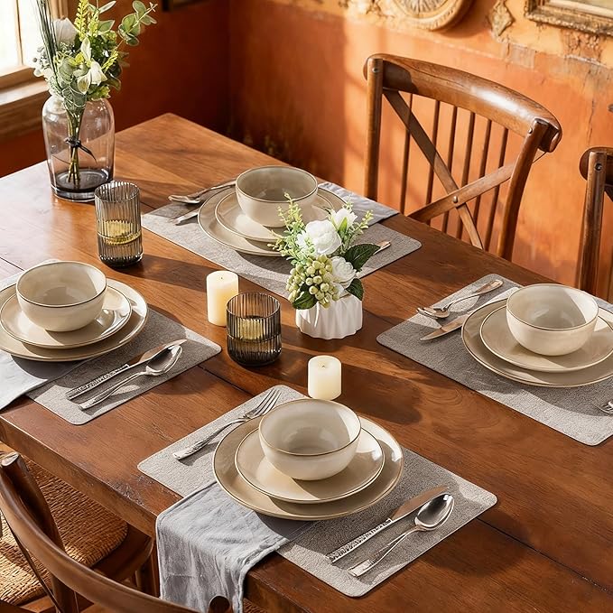 AmorArc Stoneware Dinnerware Sets for 6 18 Pieces Handpainted Ceramic Plates and Bowls Set Scratch Resistant Dishes Set Dishwasher &amp Microwave Safe Cappuccino