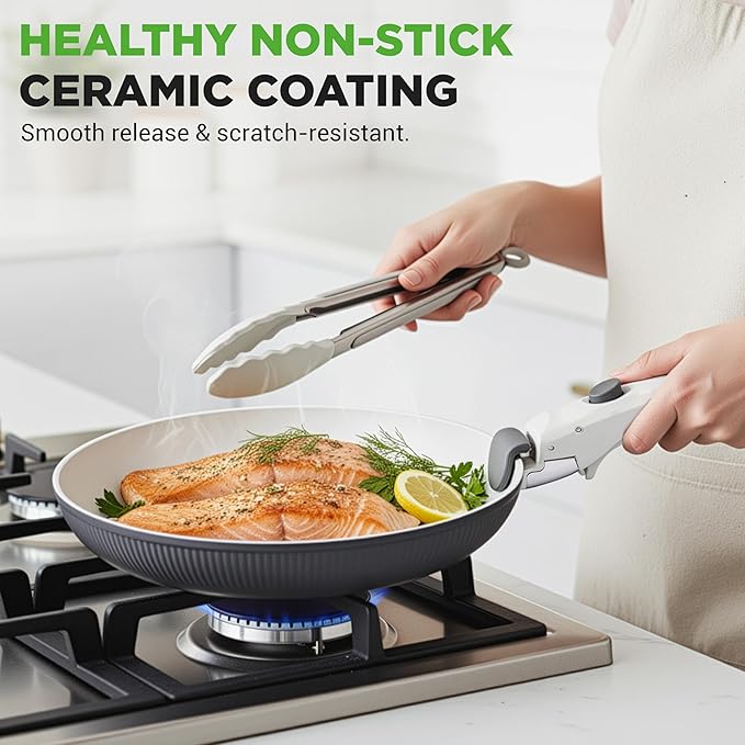 NutriChef 18-Piece Ceramic Cookware Set with Detachable Handles Non Stick Pots and Pans PTFE-Free Natural Ceramic Coating Space-Saving Design Oven &amp Stove Safe Includes Utensils Blue