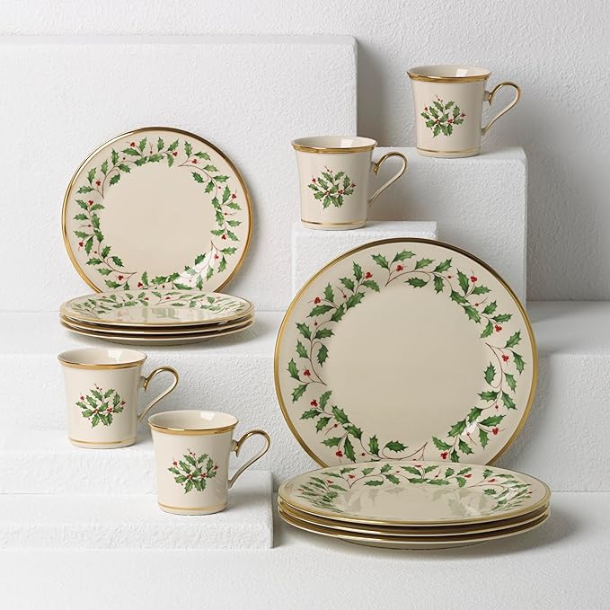 Lenox Dinnerware Set Holiday 12-Piece Set Service For 4 Porcelain Plate Berry Motif With 24-Karat Gold Accents Christmas Dinner Plates Salad Plates And Mugs Dishwasher Safe (Assorted 12 Piece)