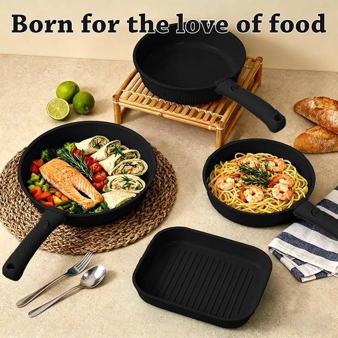 24 Pcs pots and pans setcookware set non stickpots and pans set Oven-safe and dishwasher-safePFAS/PFOA FreeInduction Dishwasher Oven Safe cookware set (Black)