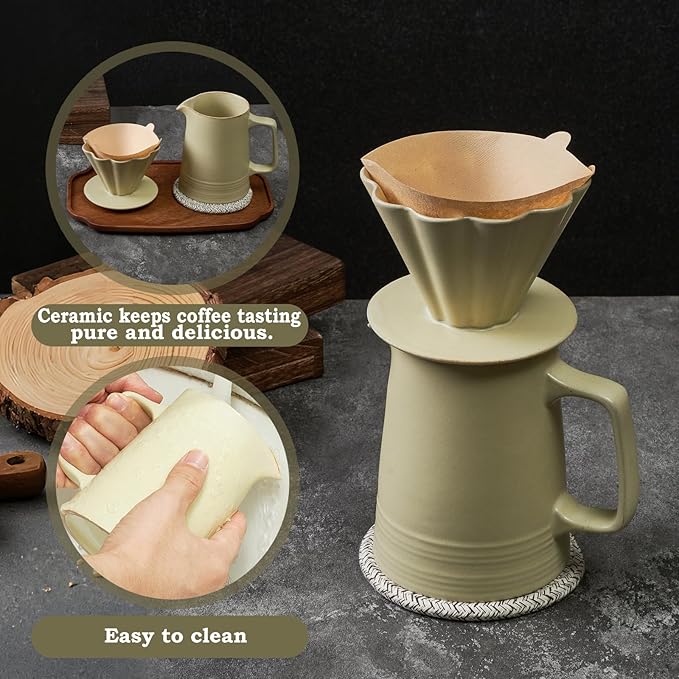 Pour Over Coffee Maker Ceramic Coffee Dripper with 40pcs V02 Paper Filter &amp Coaster 18.2oz/540ml Flower Shape Pour Over Coffee Filter set (Celadon Set)