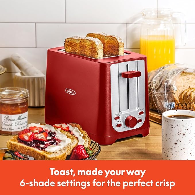 BELLA 2 Slice Toaster with Auto Shut Off - Extra Wide Slots &amp Removable Crumb Tray and Cancel Defrost &amp Reheat Function - Toast Bread Bagel &amp Waffle Red