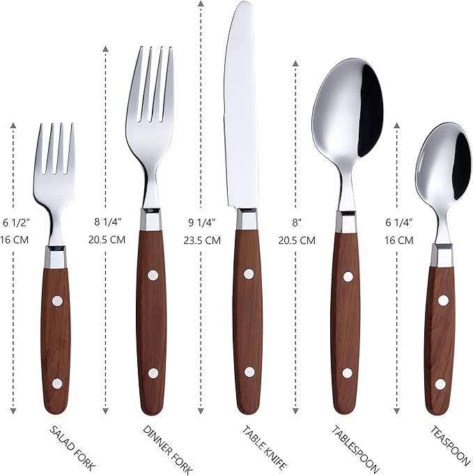 ANNOVA Silverware Set Retro/Rivet Colorful Stainless Steel Tableware Kitchen Flatware Set Utensils Includes Dinner Knives Forks Spoons Salad Forks &amp Dessert Spoons (Wood 20 Pieces)