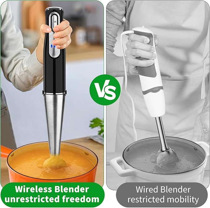 Cordless Immersion Blender Handheld Rechargeable 4 In 1 Electric Hand Blender Stick Blender Variable Speed with Chopper Beaker Whisk Stainless Steel Blade for Soup Baby Food Smoothies