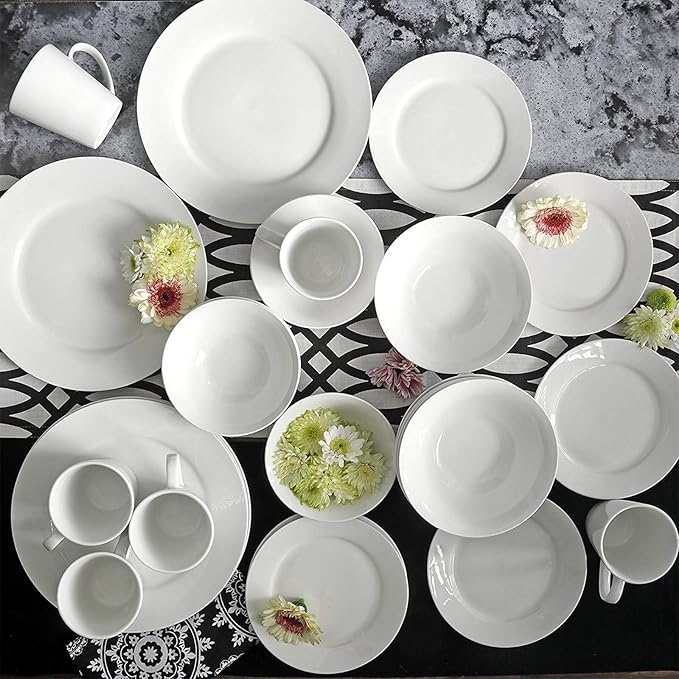 Unknown1 30 Piece Ceramic Dinnerware Set in White Solid Modern Contemporary Round Microwave Safe