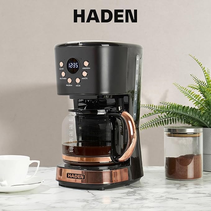 Haden Dorset 4 Slice Wide Slot Stainless Steel Toaster Bundled with 12 Cup Programmable Drip Coffee Maker Coffee Machine Black &amp Copper