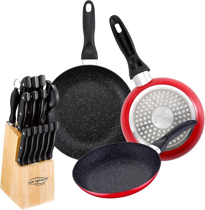 San Ignacio Set of 3 Frying Pans Ø16Ø20Ø24cm + 15Pc Stainless Steel Knife Set with Tacoma