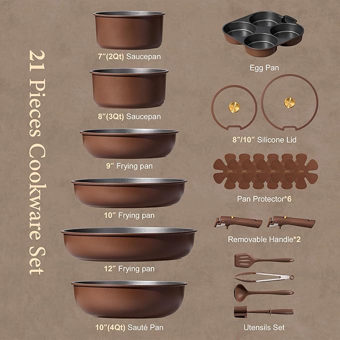 CAROTE 21pcs Pots and Pans Set Nonstick Cookware Set Detachable Handle Induction Kitchen Cookware Sets Non Stick with Removable Handle RV Cookware Set Oven Safe Brown