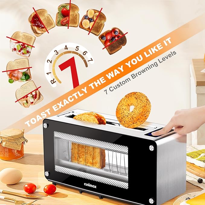 CUSIMAX Toaster 2 Slice Long Slot with Clear View Glass WindowOne Touch Digital Control Presets with Automatic LiftingSlide-out Glass Panel and Easy Clean Up Crumb Tray