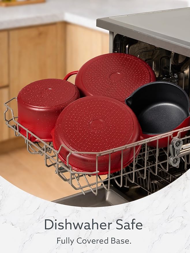 CAROTE 20Pcs Titanium Cookware Set Pots and Pans Set Non Stick Kitchen Cooking Set with Detachable Handle Non Toxic Induction Cookware - Camping Cookware Dishwasher/Oven Safe Red
