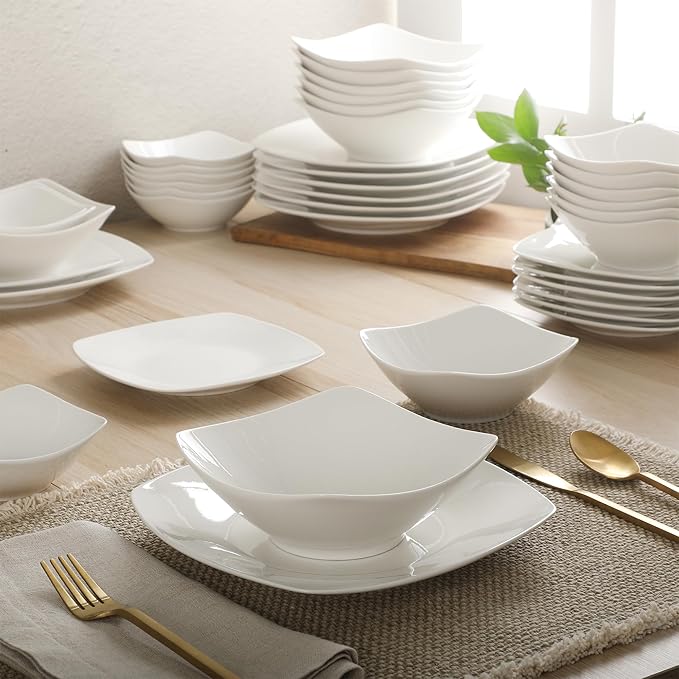 Gibson Home Brentwood 40-Piece Dinnerware Set – Square White Porcelain Plates and Bowls Service for 8 Dishwasher &amp Microwave Safe Modern Everyday Dinner Set with Cereal Dessert and Entrée Bow