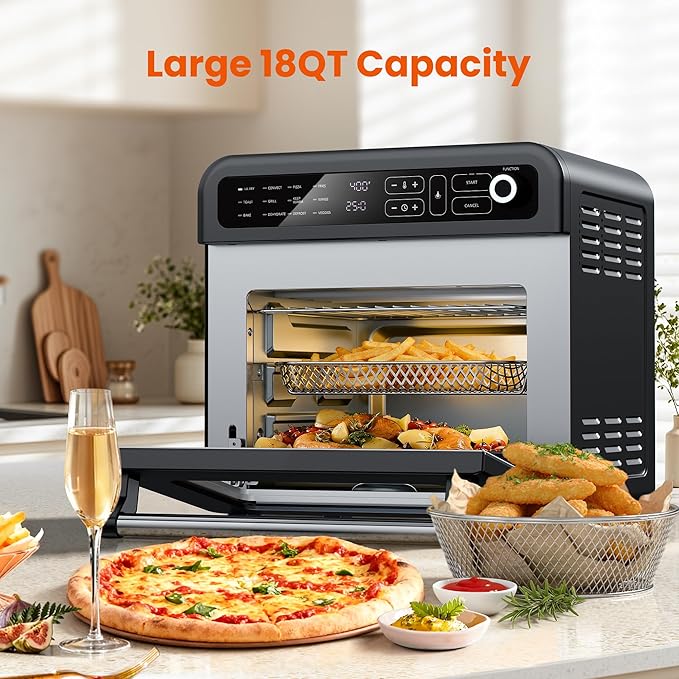 18QT Air Fryer Toaster Oven Combo12-in-1 Large Convection Airfryer Oven with 70–450℉ Temperature Control &amp 60-Minute TimerRoast &amp Broil Fits 8-10″ PizzaStainless Steel (Black)