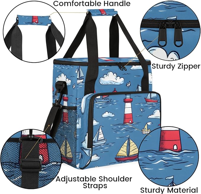Cartoon Ocean Ship Coffee Maker Travel Bag for Keurig K-Mini/K-Mini Plus Insulated Waterproof Tote with Pockets for K-Cup Portable Single-Serve Brewer Case