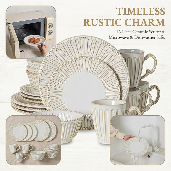 Dinnerware Set for 4 Ceramic Plates Bowls and Mugs Dishwasher &amp Microwave Safe Ideal for Family Dinners Parties and Everyday Use White (16-Piece)