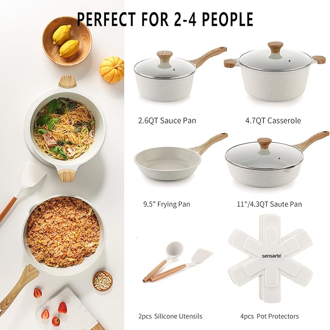 SENSARTE Nonstick Ceramic Cookware Set 13-Piece Non-toxic Pots and Pans Set Healthy Kitchen Cooking Set with Stay-Cool Handles Silicone Tools and Pot Protectors PFAS Free