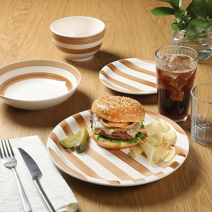 Gibson Home Kenwood Shores 16 Piece Dinnerware Set Brown Striped Stoneware Hand-Painted Plates and Bowls Service for 4 Microwave &amp Dishwasher Safe