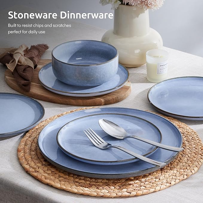 E-far 6-Piece Reactive Glaze Dinnerware Sets Ceramic Dishes Set for 2 Stoneware Plates and Bowls Dinning Ware Microwave &amp Dishwasher Safe - Ocean Blue