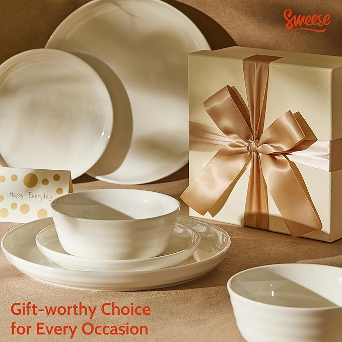 Sweese Plates and Bowls Sets18 Pieces Modern Porcelain Dinnerware Set for 6 Handcrafted Uniqe Dinner Set Ceramic Dishware Dishes Microwave and Dishwasher Safe White