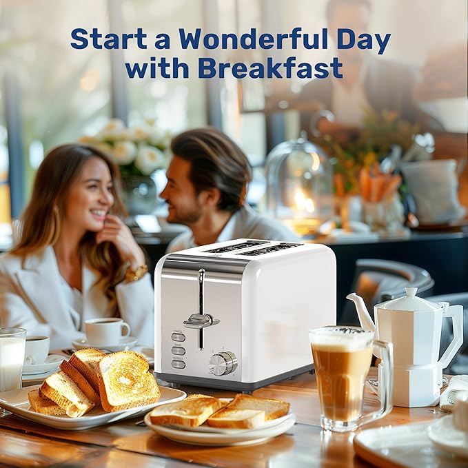 YSSOA 2-Slice Stainless Steel Toaster 6 Browning Setting and 3 Function Extra Wide Slot &amp Removable Crumb Tray for Bread &amp Waffle White