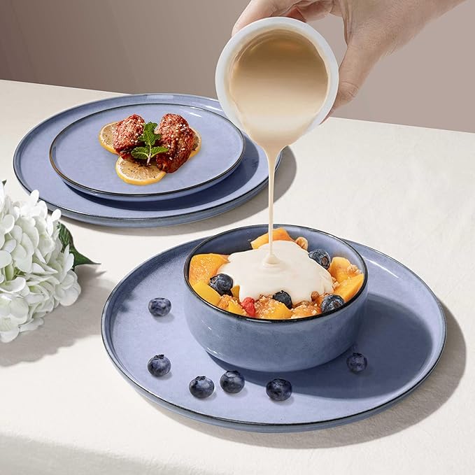 Herogo 6-Piece Stoneware Dinnerware Sets for 2 Stackable Dinner Plates and Bowls Sets Double Reactive Glaze Dishware Place Setting for Kitchen Scratch Resistant Microwave Safe Haze Blue