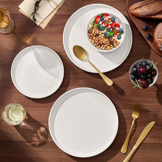 E-far 18-Piece Stoneware Dinnerware Sets Plates and Bowls Sets for 6 Ceramic Dishware Dishes Set with Terracotta Base Chip &amp Scratch Resistant Microwave &amp Dishwasher Safe Speckled White