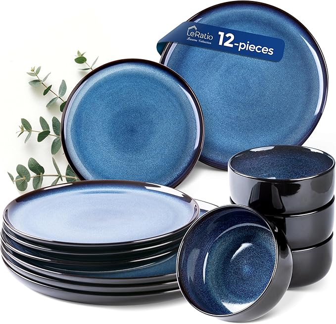 LERATIO Ceramic Dinnerware Sets for 412 Pieces Poreclain Plates and Bowls SetsScratch Resistant DishesDishwasher &amp Microwave SafeOven Safe Dishes SetService for 4 - Blue