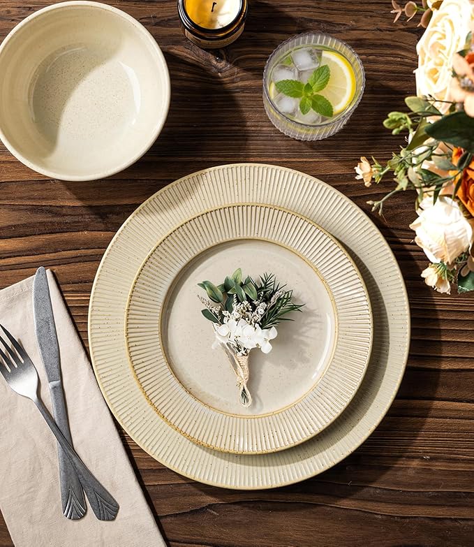 TheTerra Stoneware Dinnerware Sets for 4 12 Pieces Ceramic Plates and Bowls Sets Scratch Resistant Embossed Dish Set Oven Microwave &amp Dishwasher Safe Cappuccino