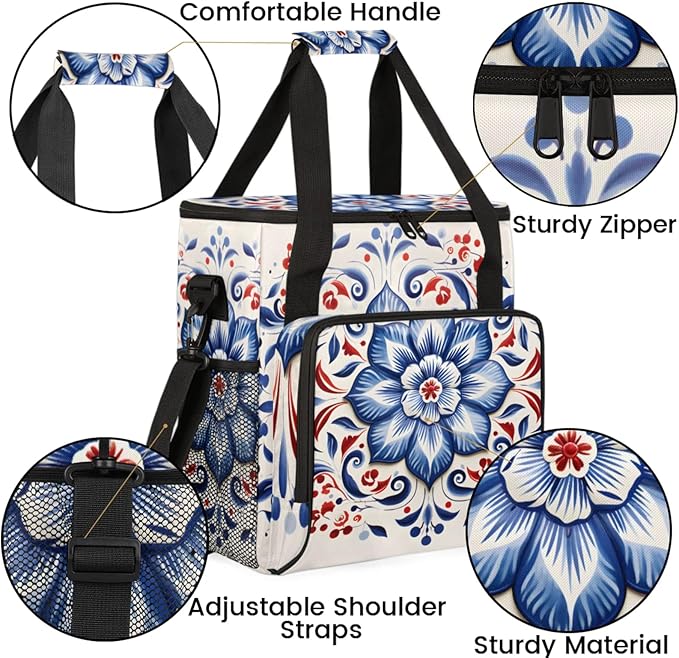 Floral Art Coffee Maker Travel Bag for Keurig K-Mini/K-Mini Plus Insulated Waterproof Tote with Pockets for K-Cup Portable Single-Serve Brewer Case