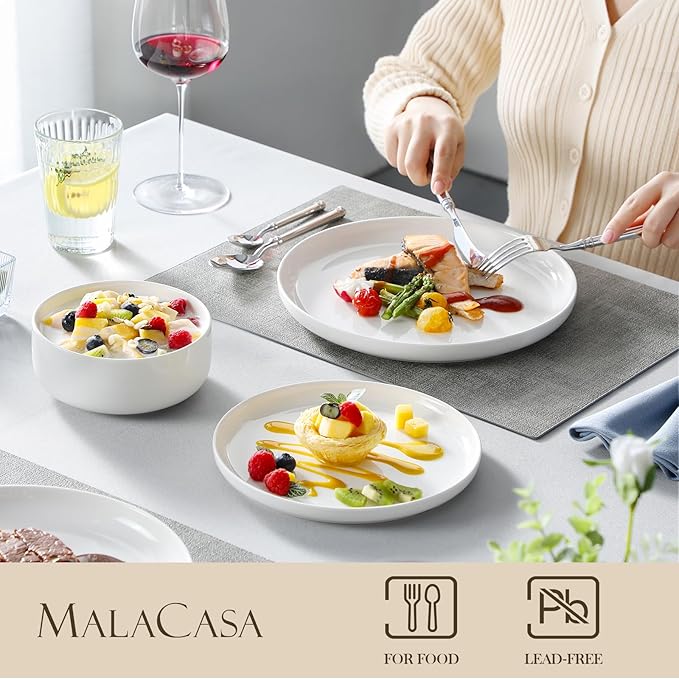 MALACASA Plates and Bowls Sets 18 Pieces Porcelain Dinnerware Sets Dishware Sets Chip Resistant Ceramic Dish Set Dining Dinner Ware Service for 6 White Series LUNA