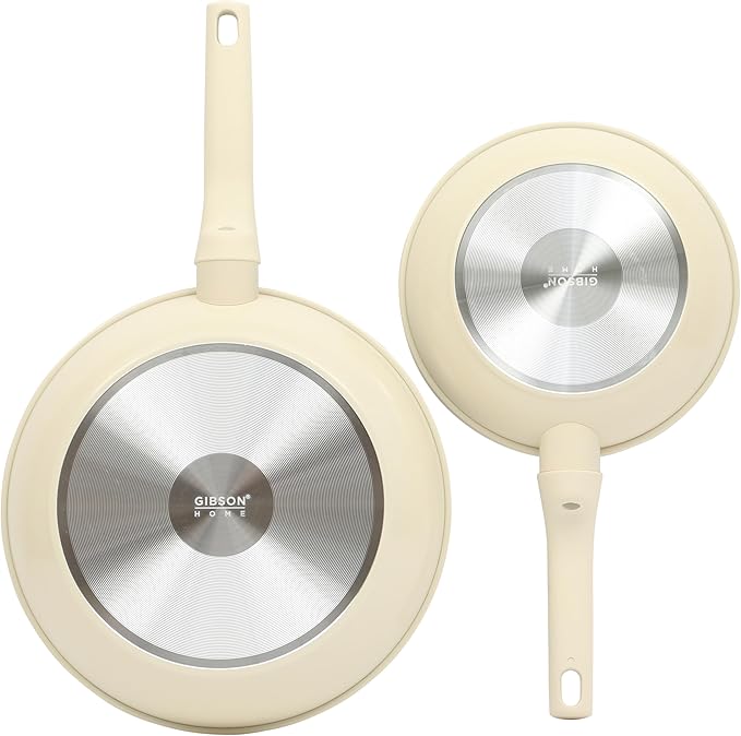 Gibson Home Barnsdall 2 Piece 8 &amp 10 Inch Aluminum Fry Pan Cookware Non-Toxic Ceramic Non Stick Frying Pan Kitchen Egg Pan Omelet Pan Always Pan Pots and Pans Linen White Induction Safe