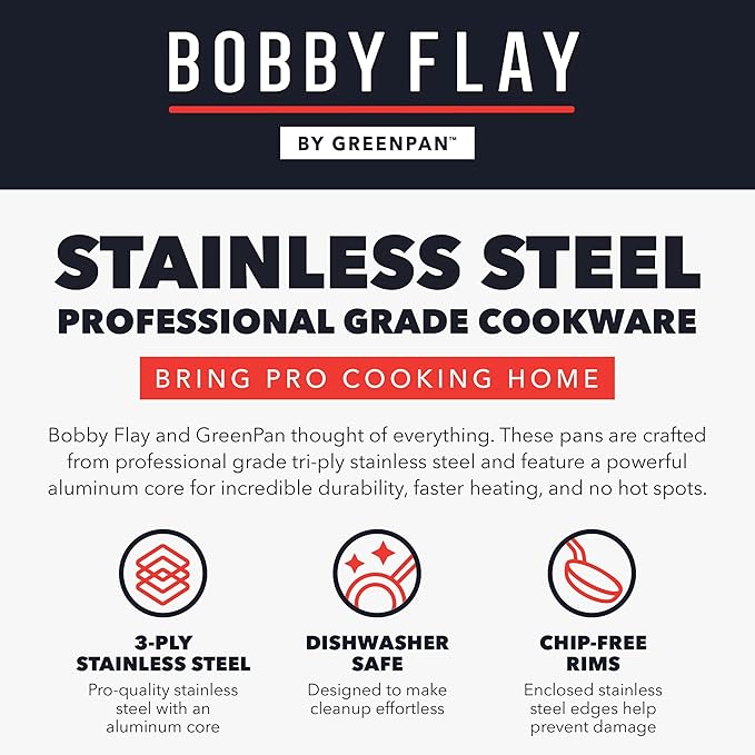 GreenPan x Bobby Flay Stainless Steel 12 Piece Cookware Pots &amp Pans Set Professional Grade Tri-Ply Multiclad PFAS-Free Ceramic Nonstick Induction Suitable Dishwasher &amp Oven SafeStay Cool