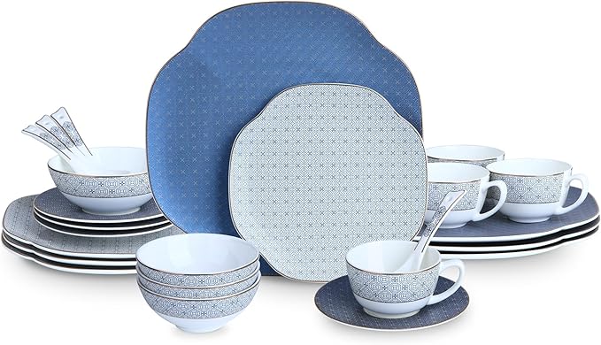 Blue 24 Piece Porcelain Dinnerware SetBone china for 4 Plates and Bowls Sets With Grid pattern Highly Chip and Crack Resistant | Dishwasher Safe Dishes Set (Deep Blue + Grid)