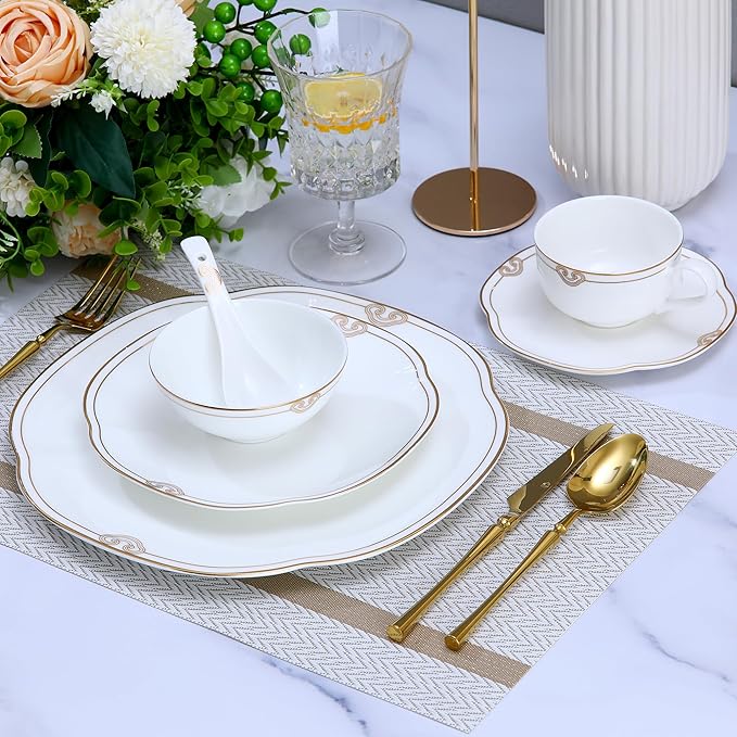 24 Piece White Porcelain DinnerwareBone china Set for 4Plates and Bowls Sets With Double Gold Rim Highly Chip and Crack Resistant | Dishwasher Safe Dishes Set (White &amp Double Gold Rim)