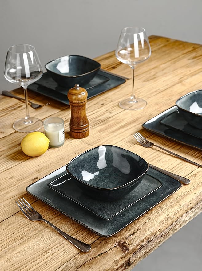 Famiware Ocean Square Plates and Bowls Sets for Kitchen 16-Piece Dinnerware Sets for 4 Mug Set for 4 Deep Forest