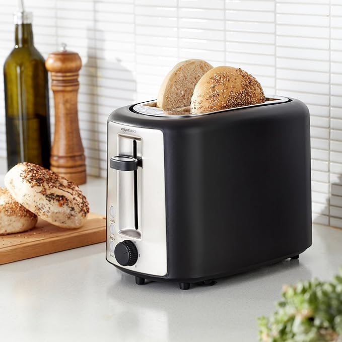 Amazon Basics 2 Slice Toaster Extra Wide Slots for Bagels 6 Browning Settings Removable Crumb Tray Defrost/Cancel/Bagel Buttons Cord Wrap 900W Black &amp Silver