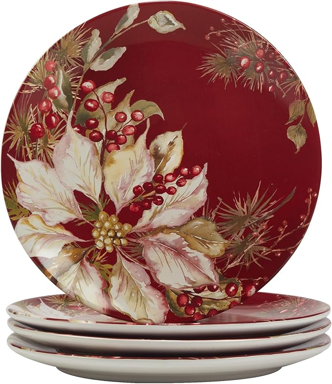Winters Joy 16 Piece Dinnerware Set Service for 4 Multi Color Red White Holiday Casual Round Ceramic Dishwasher Safe Microwave