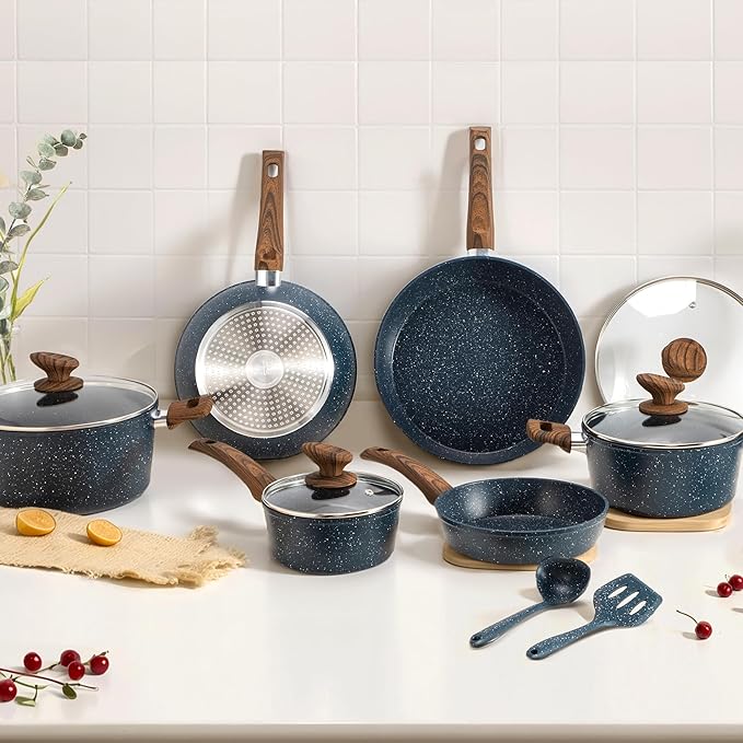 DisDelight Induction Pots and Pans Set Non Stick Nonstick Granite Kitchen Cookware Sets Blue Cooking Pans PFOA &amp PFOS Free