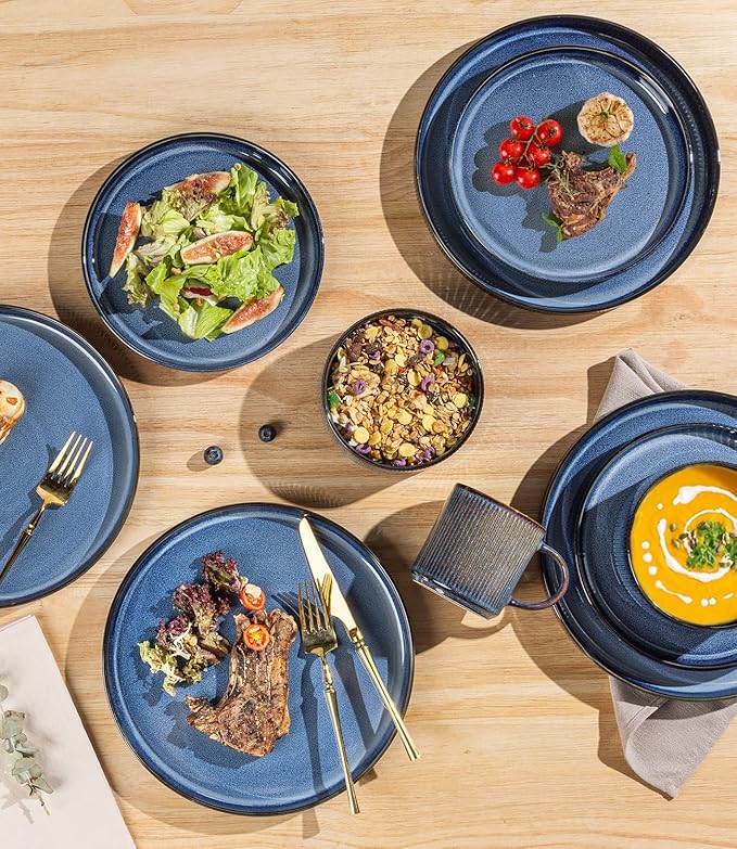 TheTerra Ceramic Dinnerware Sets for 6 18 Pieces Porcelain Lightweight Speckled Plates and Bowls Sets Scratch Resistant Dish Set Oven &amp Microwave &amp Dishwasher Safe Starry Blue