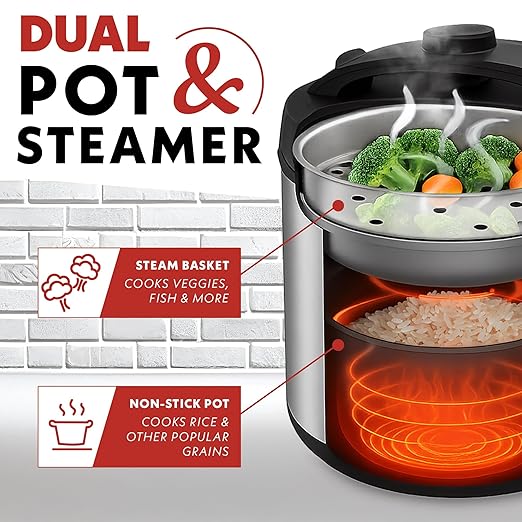 Gourmia Rice Cooker – 5 Qt Capacity 20 Cup Cooked 10 Cup Uncooked Digital Controls 6 Cooking Presets Grain Cooker &amp Steamer Nonstick Pot Steam Tray Delay Timer Keep Warm Stainless Steel