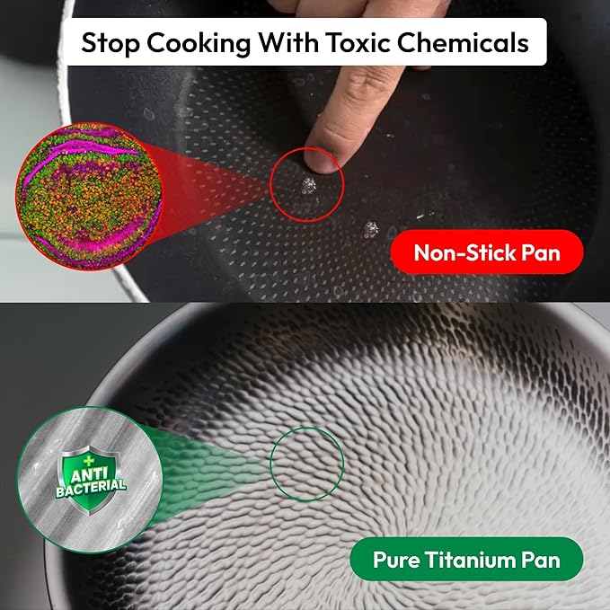 Plateful Titanium Pan For Cooking 12 - Pure No Coating Non-Stick Titanium Cookware Frying Pans Hammered Pan Safe For Oven Induction &amp Cooktops Up To 750°F Includes Lid