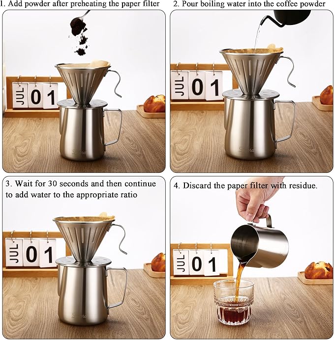 Pour Over Coffee Maker 304 Stainless Steel wIth 100 pcs Paper Filters &amp 600ml Milk Frothing Pitcher for Home &amp Camping