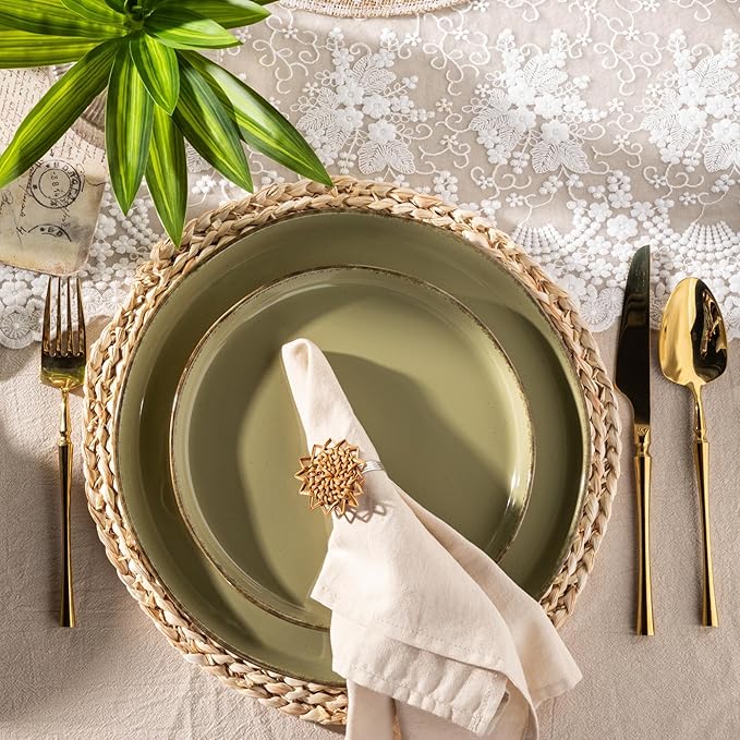 AmorArc Ceramic Dinnerware Sets for 4 12 Pieces Handpainted Plates and Bowls Set with Rustic Terracotta Underside Scratch Resistant Stoneware Dishes Set Dishwasher &amp Microwave Safe Olive Green