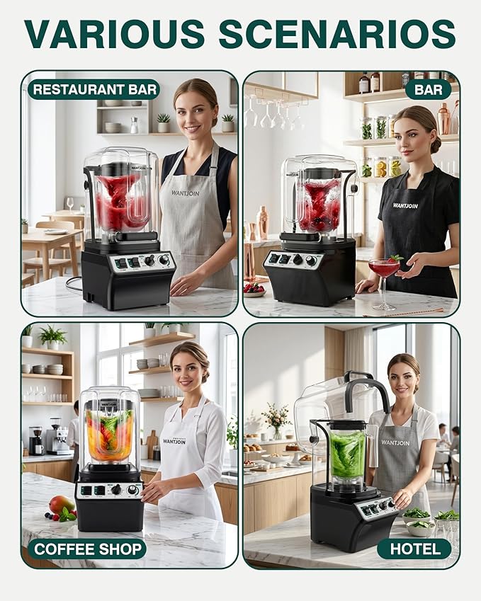 WantJoin Commercial Blender- 80Oz Quiet Smoothie Blender with Soundproof Shield Professional Ice Crusher Heavy Duty with Self-Cleaning High-speed Ice Drink Maker for Restaurant Bars Café Home