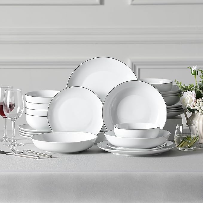 MALACASA 24-Piece Gourmet Porcelain Dinnerware Sets Modern White with Black Rim Round Dish Set for 6 - Premium Serving Plates and Bowls Sets for Dessert Salad Soup Pasta - Series AMELIA