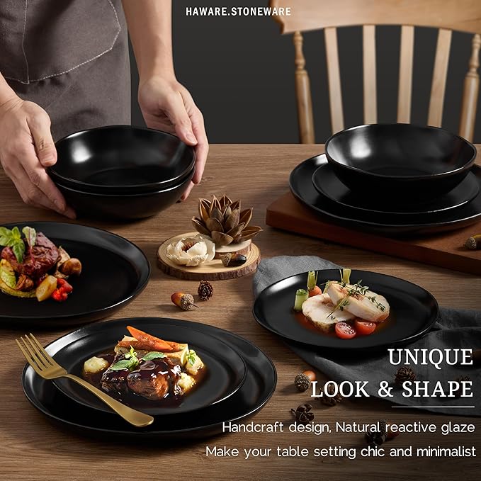 HaWare Plates and Bowls Set Stoneware Dinnerware Sets 16-Piece Hand-painted Dishware for 4 Ceramic Dish Set for Home Kitchen Scratch Resistant Microwave and Dishwasher Safe Matte Black