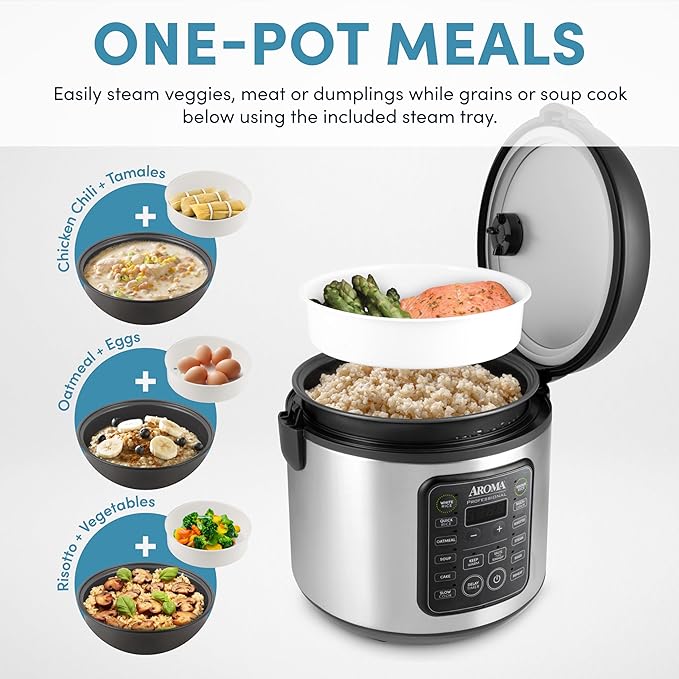 AROMA Professional Digital Rice Cooker 10-Cup (Uncooked) / 20-Cup (Cooked) Multicooker Slow Cooker Steamer Oatmeal Cooker Egg Cooker STS 5 Qt Black ARC-5200SB