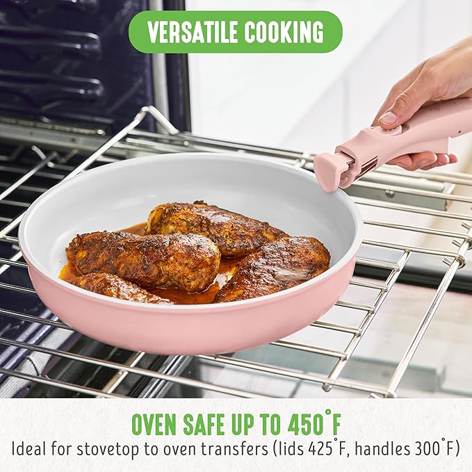 GreenLife 10 Piece Nonstick Pots &amp Pans Set Detachable Handle &amp Stackable Cookware Set Non Toxic PFAS-Free Skillets Induction Kitchen Pans Space Saving Serving Bowls Oven Safe Light Pin